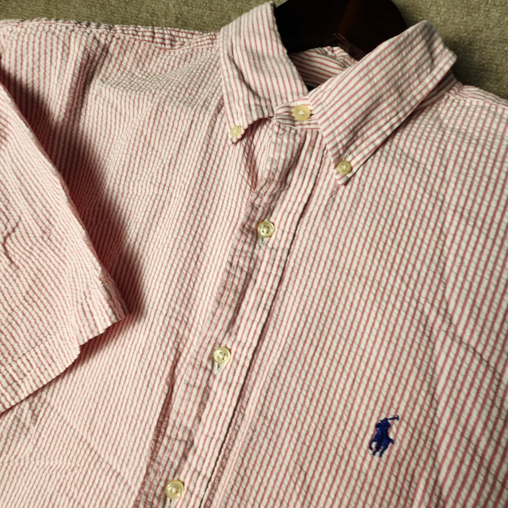 Ralph Lauren Blake Seersucker Short Sleeve Button Down Shirt Red White XL